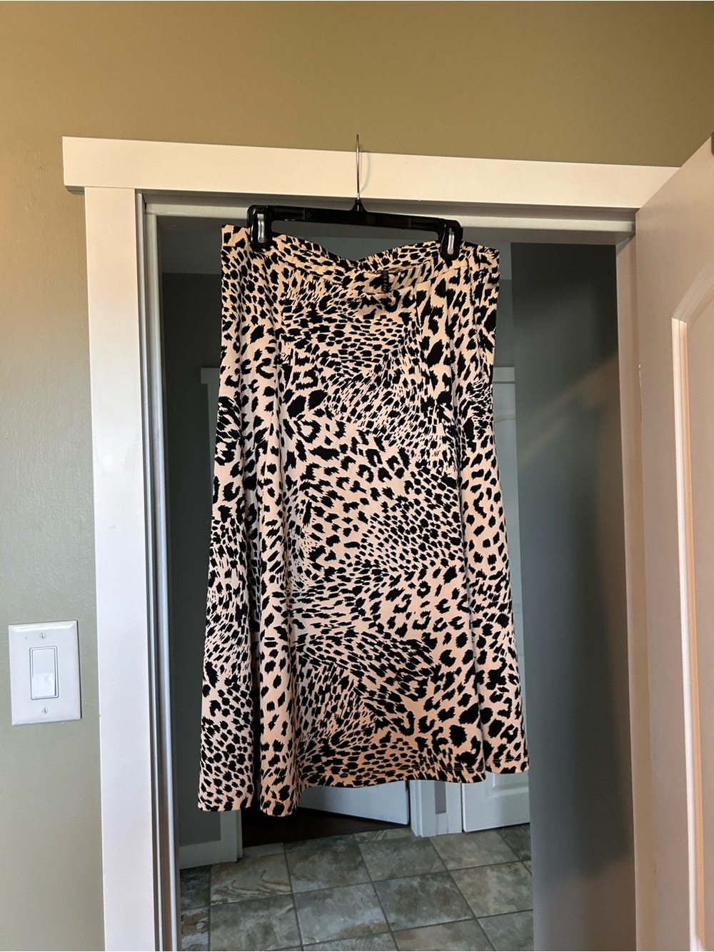 Beige and Black Leopard Print Midi Skirt